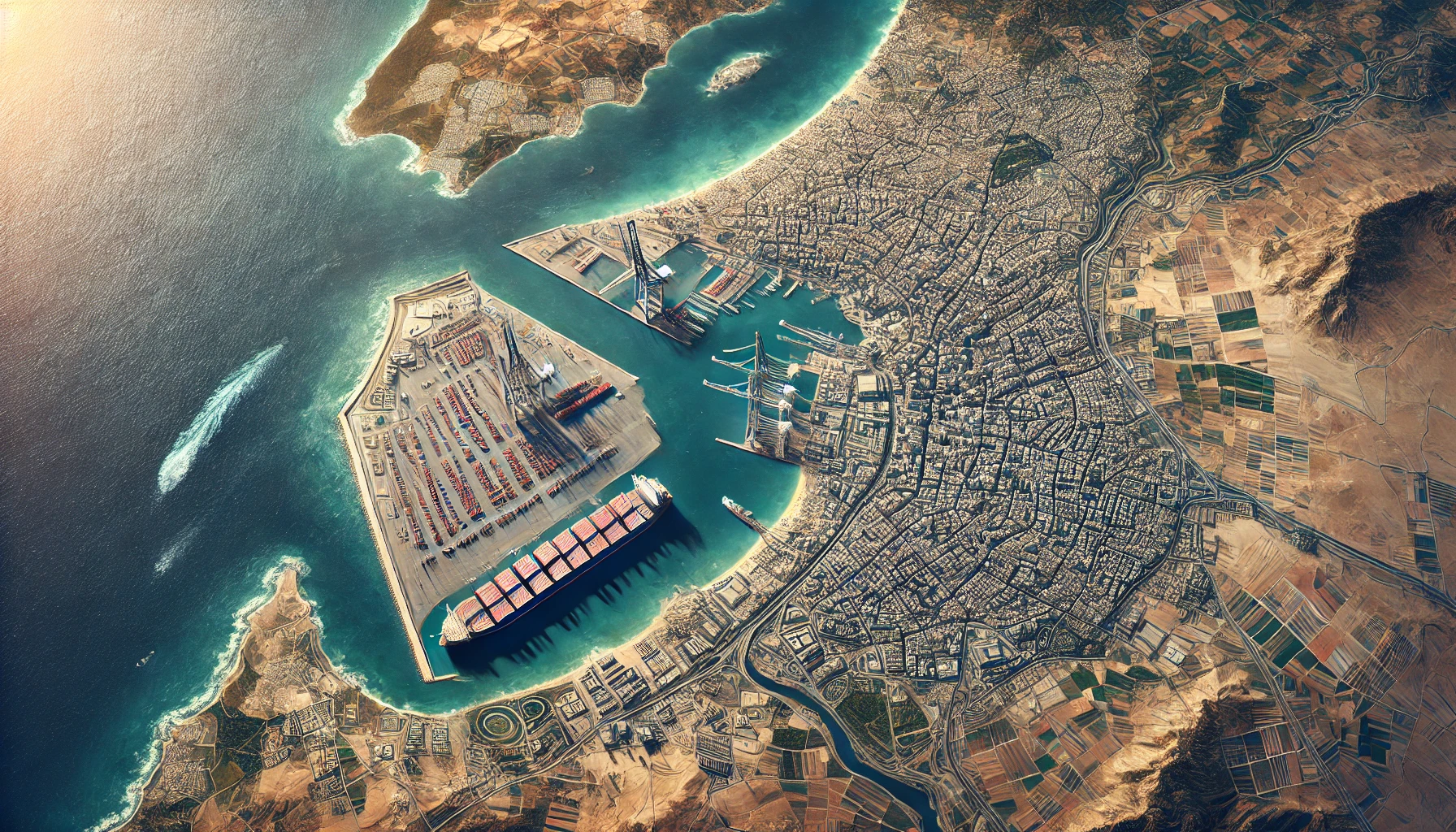 acconag·E 2024-09-25 18.59.04 - A satellite view of Tunisia with a focus on the port of Radès. The image should show the country's geographical features, including the Mediterranean