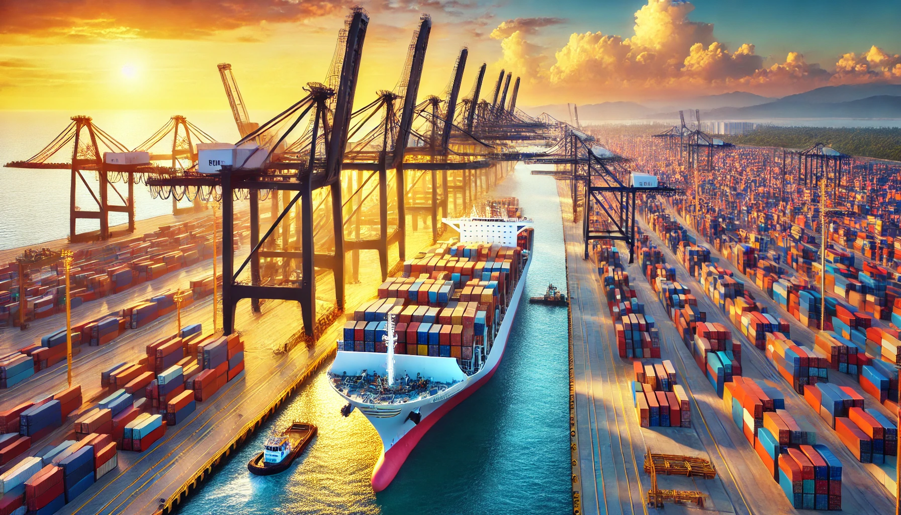 DALL·E 2024-09-28 12.03.40 - A vibrant seaport terminal on the Colombian Pacific coast at sunrise, featuring multiple cranes actively unloading containers from several large cargo