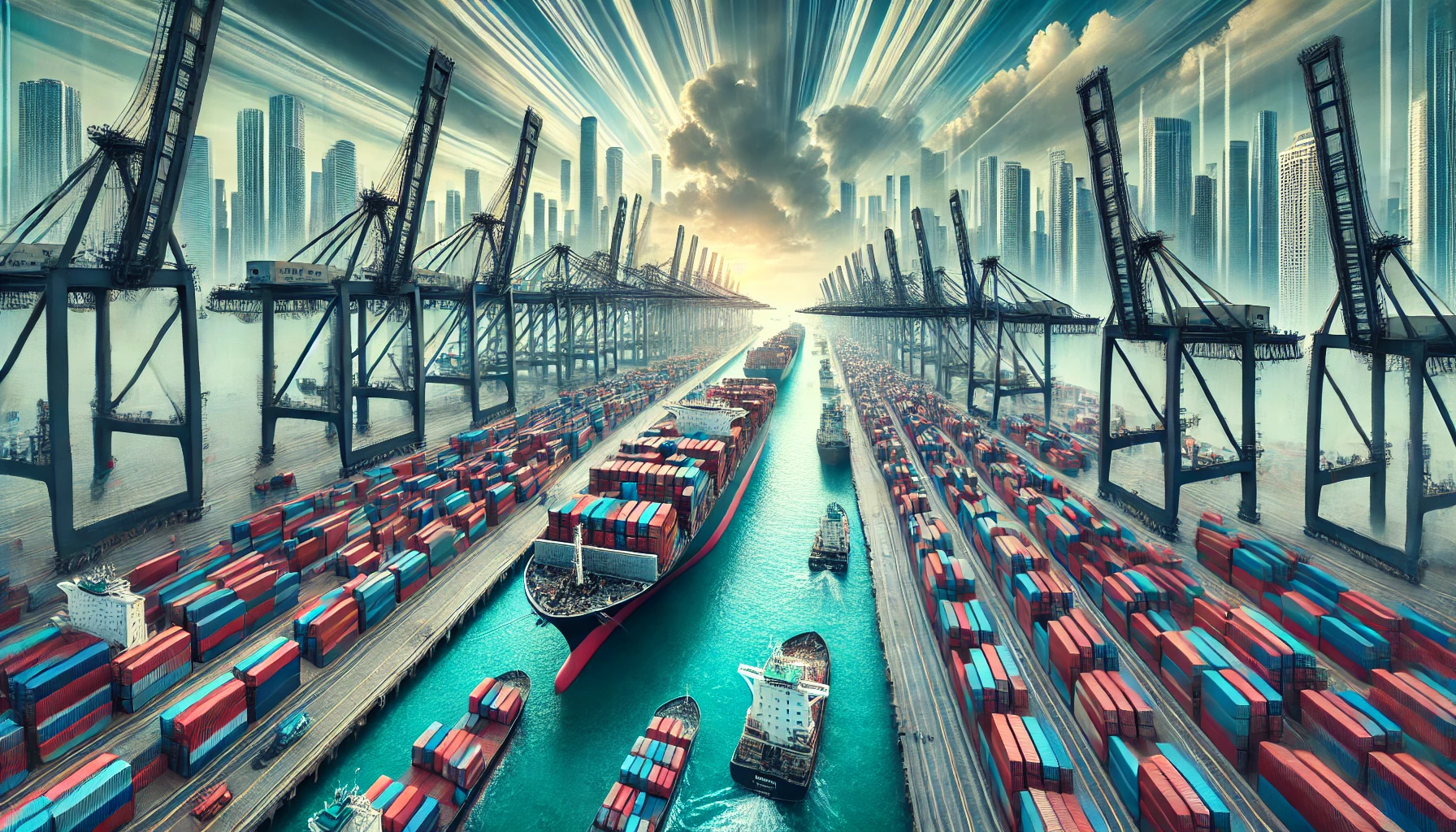 acconag·E 2024-10-12 10.25.00 - A creative, wide-angle depiction of a congested US East Coast port, with innovative visual elements. Large cargo ships are backed up at sea, waiting i