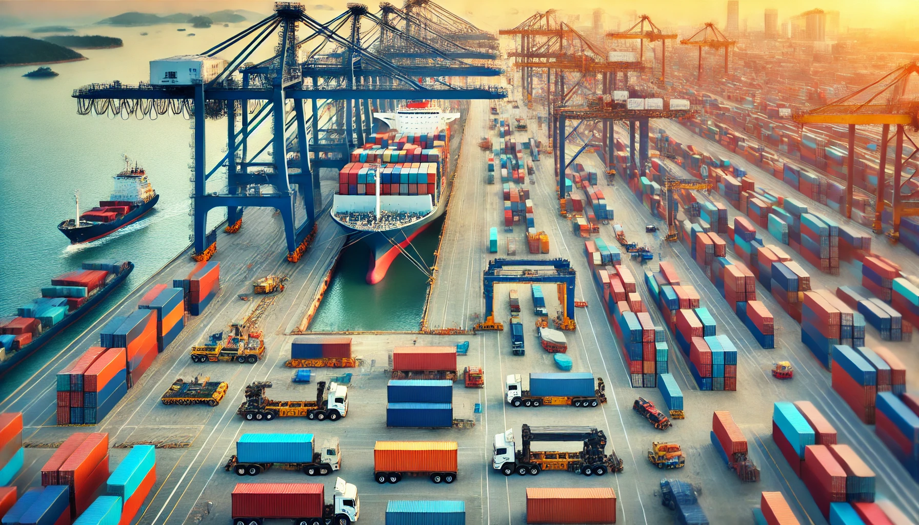 DALL·E 2024-10-14 23.00.23 - A busy container terminal with multiple cranes unloading a large cargo ship. There are colorful shipping containers being moved by cranes, trucks tran