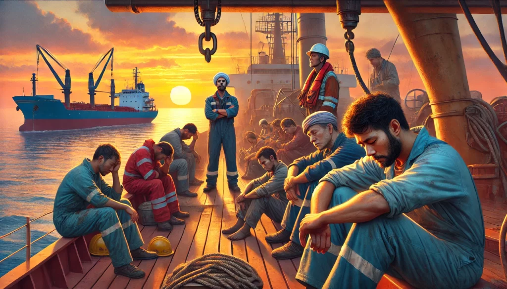 Équipage maritime sur le pont du navire illustrant les problématiques sociales des gens de mer, avec des expressions fatiguées et un sentiment d'isolement. Image représentant les défis de la vie en mer pour des marins de nationalités diverses.