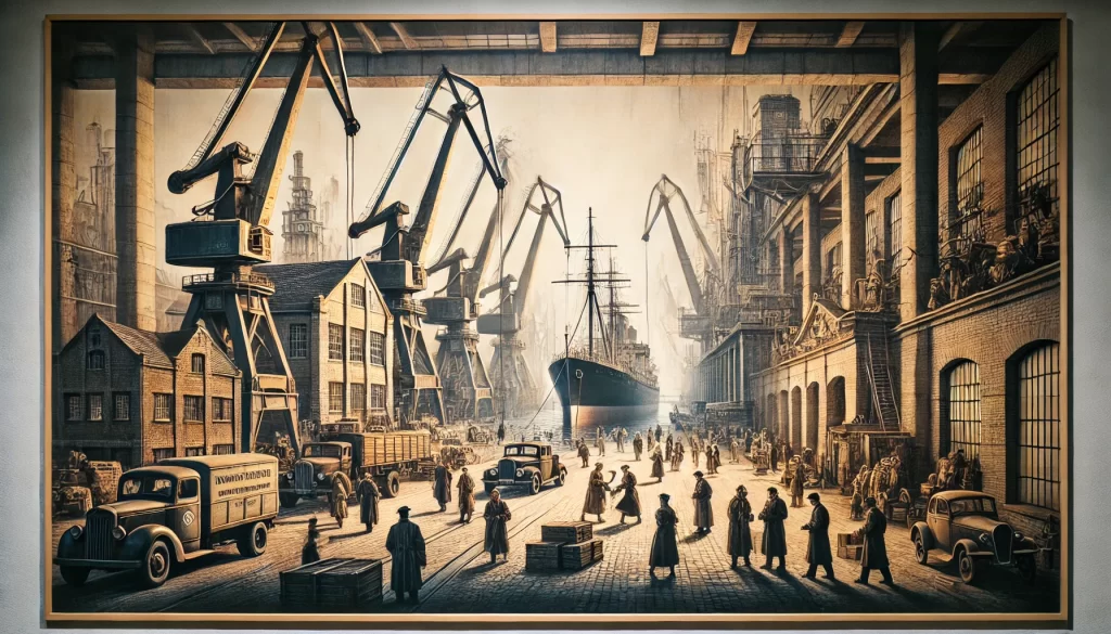 Scène historique d'un port maritime dans les années post-Seconde Guerre mondiale, illustrant la modernisation et la reconstruction économique avec des travailleurs, des grues, et des navires déchargés.