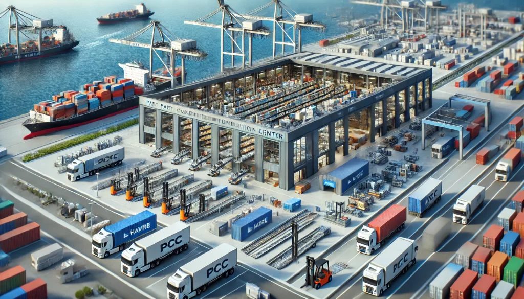 Illustration d'un centre de consolidation des pièces (PCC) dans une chaîne logistique, avec des zones de tri, d'emballage, des chariots élévateurs, des convoyeurs et des conteneurs prêts pour l'expédition. Un port avec des navires et des camions est visible en arrière-plan, illustrant l'efficacité du transport international.