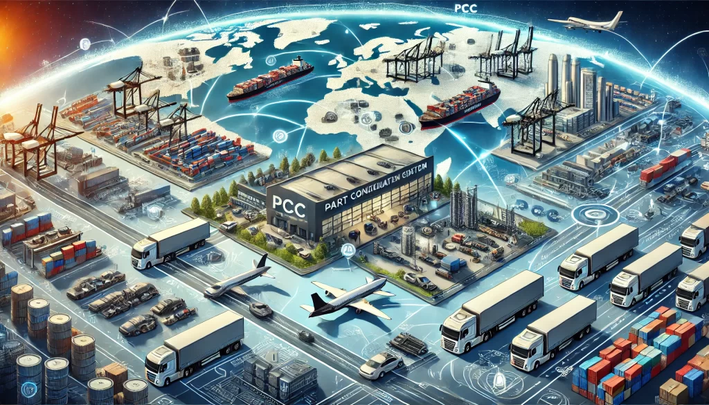 Illustration horizontale de la chaîne d'approvisionnement automobile mondialisée, montrant des usines d'assemblage et des routes maritimes reliant différents pays. Un centre de consolidation des pièces (PCC) centralise les expéditions pour optimiser les coûts de transport et les délais, soulignant l'importance du corridor de la Seine dans la logistique internationale.