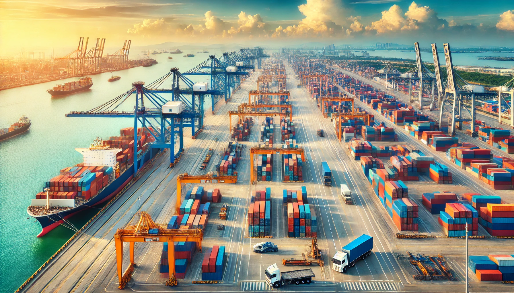 L'image montre une vue aérienne d'un terminal de conteneurs moderne dans un port animé, avec de nombreux conteneurs colorés, des grues imposantes, et des véhicules de transport en action. Le cadre est vibrant, reflétant l'ampleur des opérations maritimes internationales, sous un ciel dégagé avec l'eau en arrière-plan, soulignant l'efficacité et la coordination logistique nécessaires à la gestion des conteneurs.