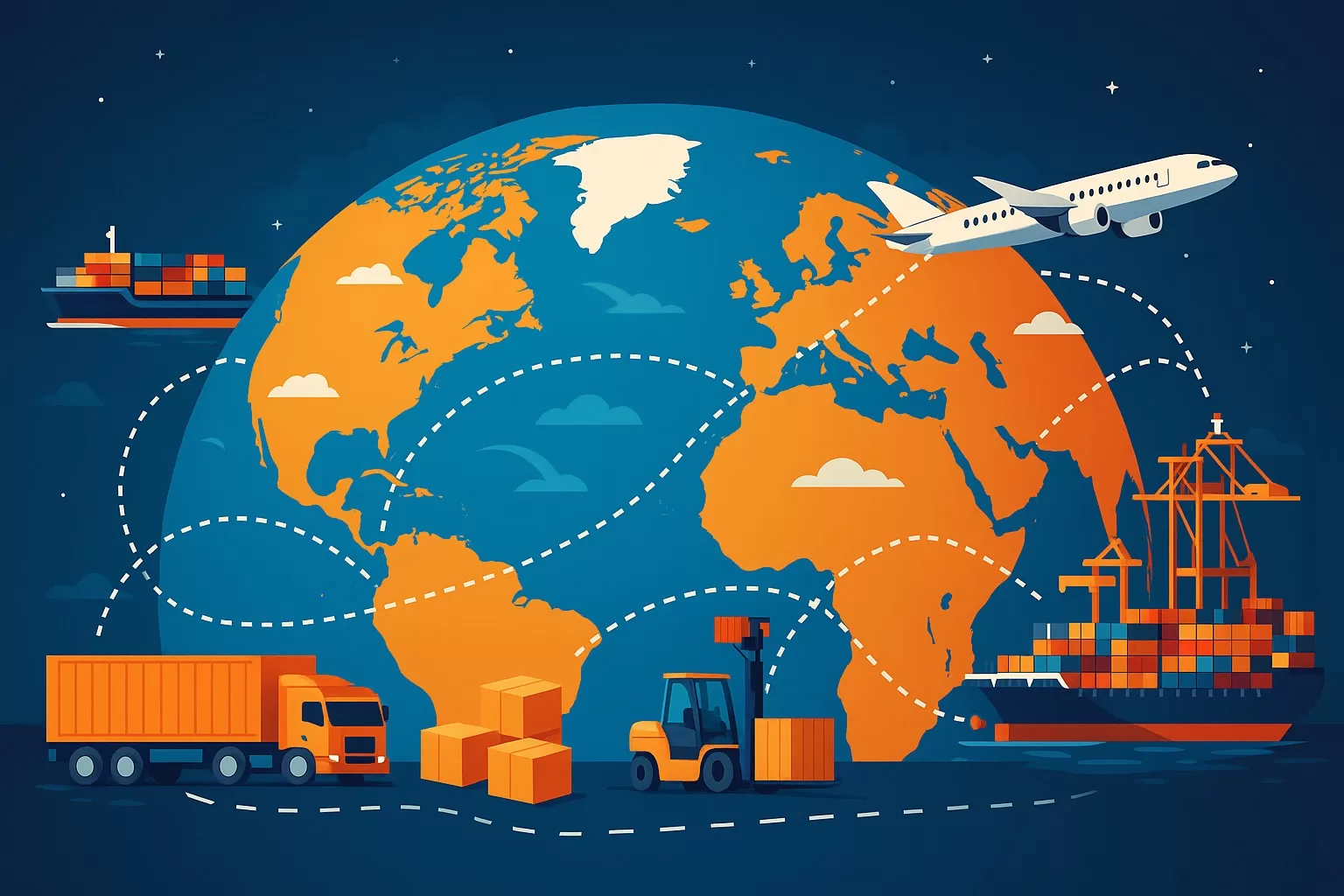 Illustration numérique représentant les chaînes logistiques mondiales vues depuis l’espace, avec une carte stylisée de la Terre en orange et bleu. Des lignes pointillées relient les continents, symbolisant les routes commerciales internationales. Autour du globe, un avion, un cargo porte-conteneurs, un camion, un chariot élévateur et un port avec grues illustrent les différents modes de transport utilisés dans le commerce mondial.