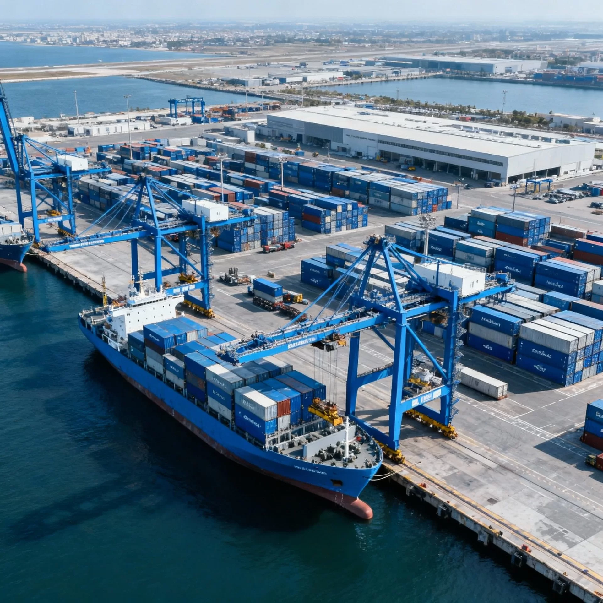 Vue aérienne d'un terminal portuaire à conteneurs moderne avec équipements et ambiance professionnelle